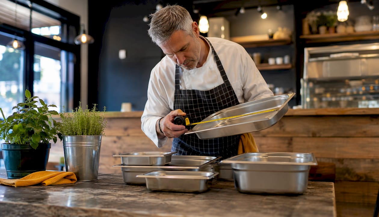 Chef inspecting gastronorm pans in commercial kitchen