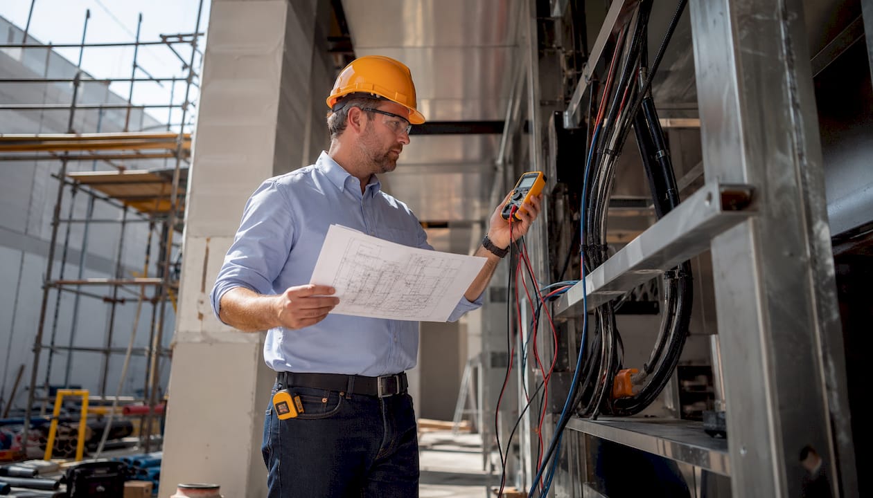 Engineer inspecting commercial kitchen wiring