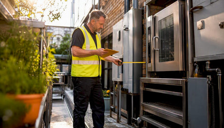 Technician measuring combi oven installation space