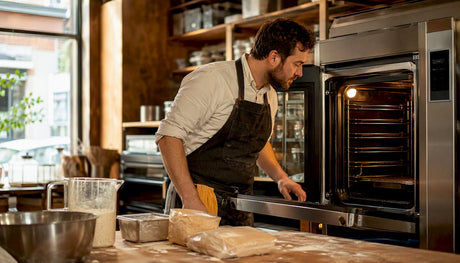 Baker inspecting convection oven in small bakery