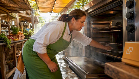 Kitchen operator inspecting commercial oven interior