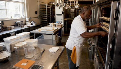 Baker loading trays into bakery convection oven