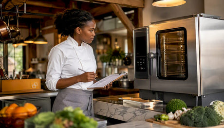 Chef inspecting single-phase combi oven in kitchen