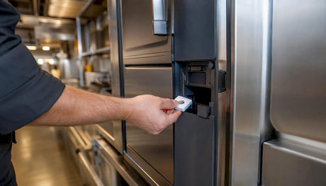 Hand inserting cleaning tablet into commercial oven