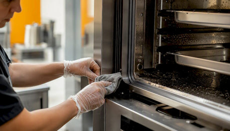 Hands wiping combi oven door seals and trays