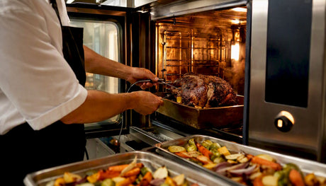 Chef inserting probe into food in combi oven
