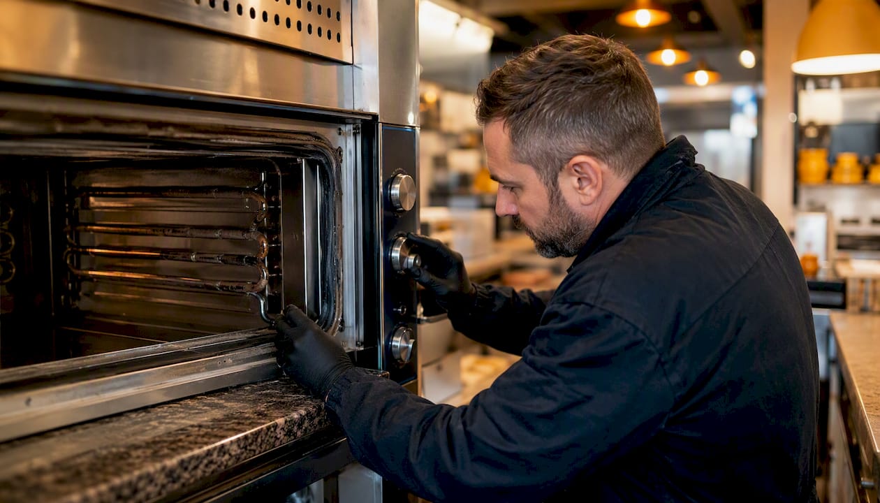 Technician inspecting industrial oven parts
