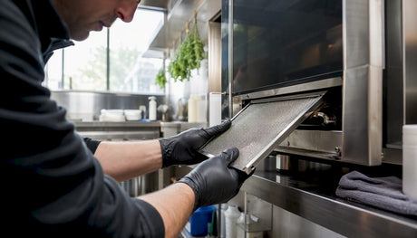 Technician inspecting speed oven filter