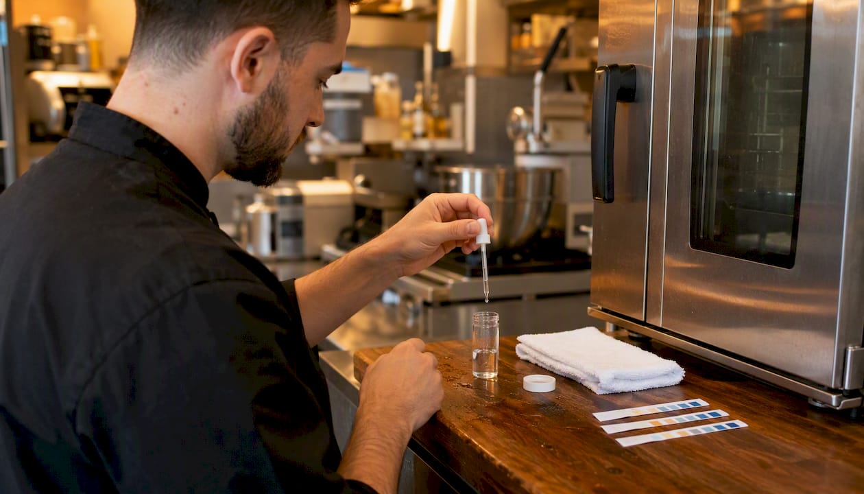 Technician testing water hardness in kitchen