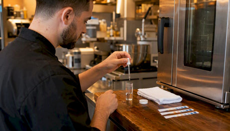 Technician testing water hardness in kitchen
