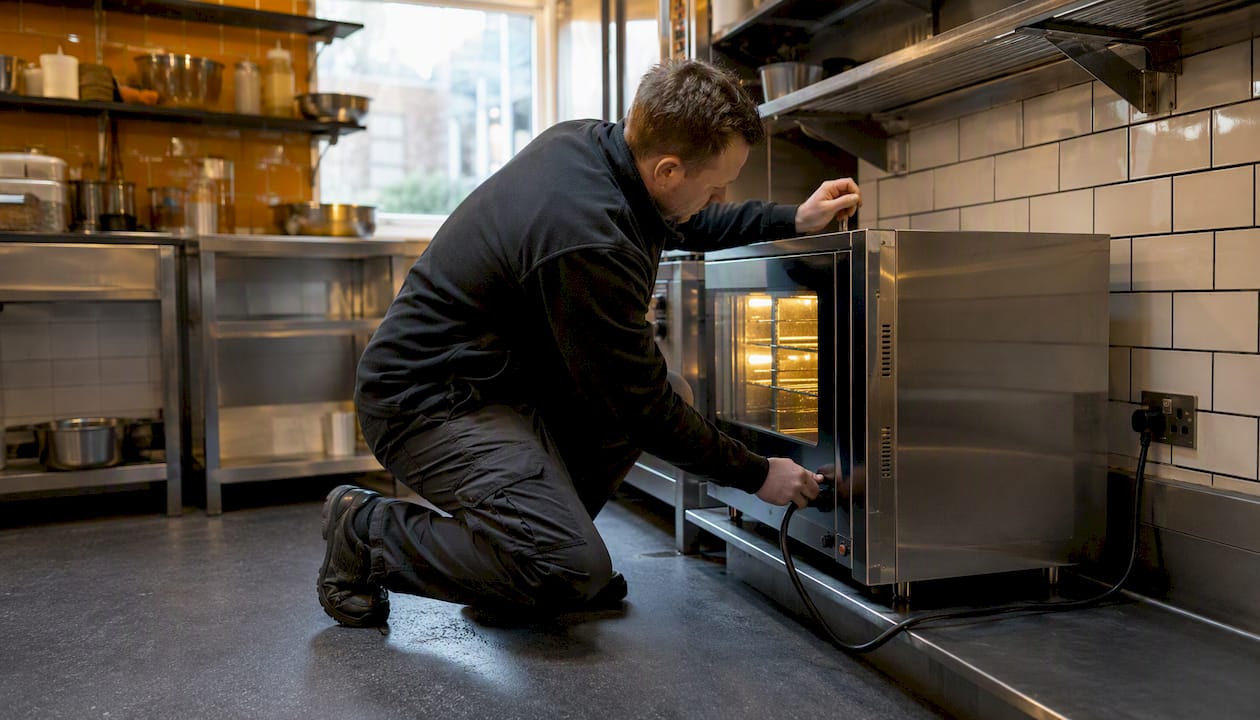 Installer connecting commercial oven power cable