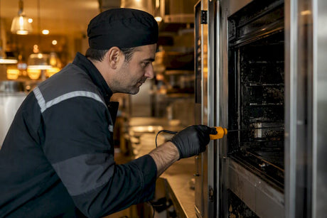 Technician checking oven temperature with probe