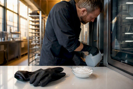 Technician pouring descaler into oven steam generator