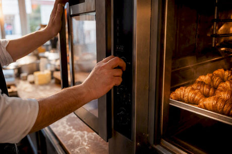 Hands adjusting programmable oven with pastries inside