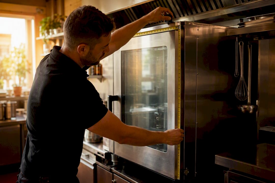 Hands measuring combi oven dimensions