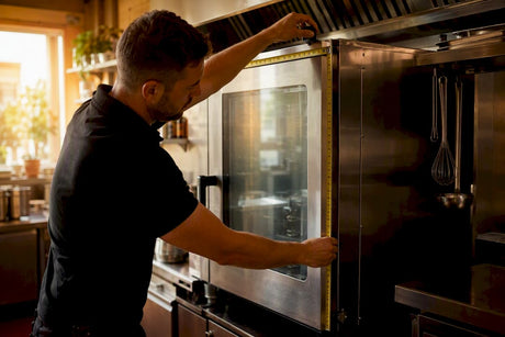 Hands measuring combi oven dimensions