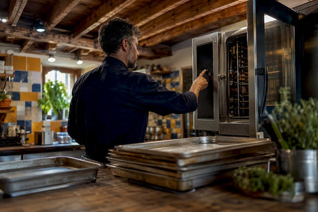 Hand pressing combi oven auto-clean button