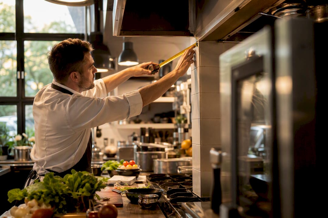 Chef measuring oven clearance in commercial kitchen