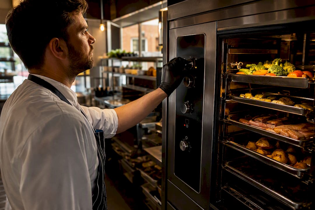 Chef adjusting humidity control on commercial oven