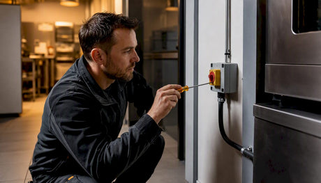 Electrician checking commercial oven electrical connection
