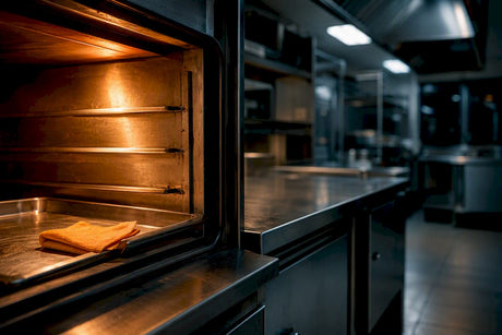Commercial kitchen oven during end-of-service