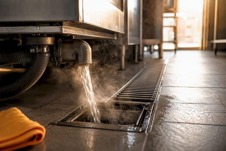 Hot discharge entering a commercial kitchen floor gully