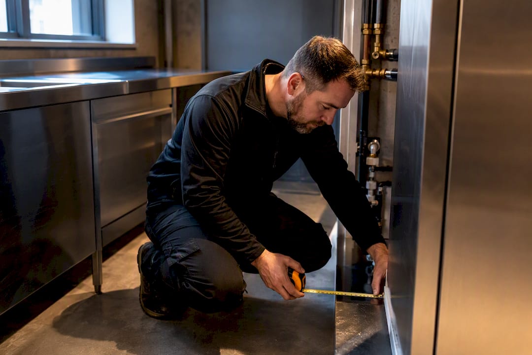 Installer measuring commercial oven installation space