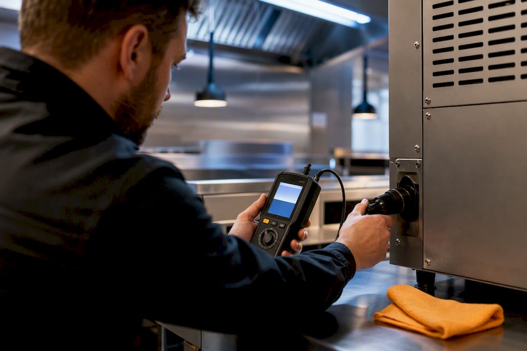 Engineer commissioning oven in restaurant kitchen