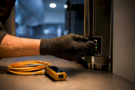 Installer checking a commercial cooking appliance network port
