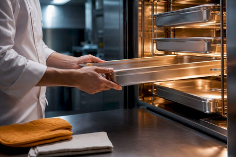 GN pans arranged on commercial oven rack