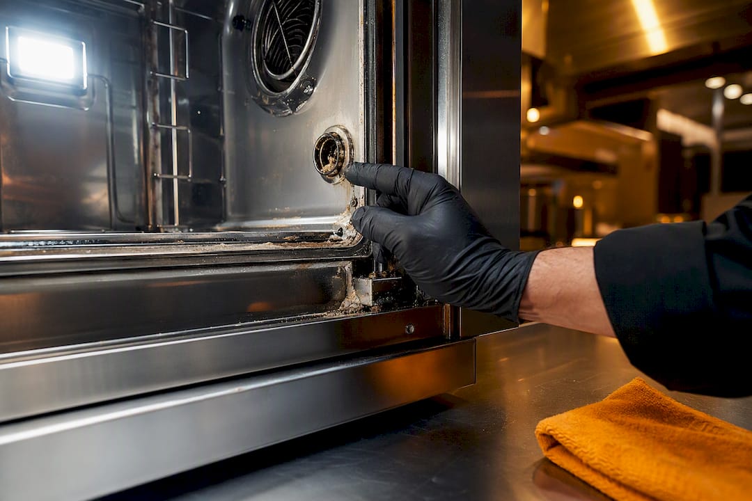 Operator inspecting scale inside combi oven