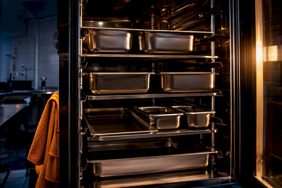 Gastronorm trays inside commercial combi oven