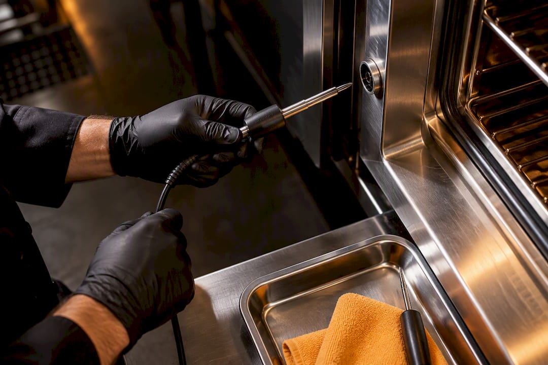 Technician checking oven probe connection