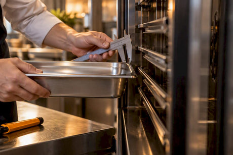 Checking tray fit inside an oven rail