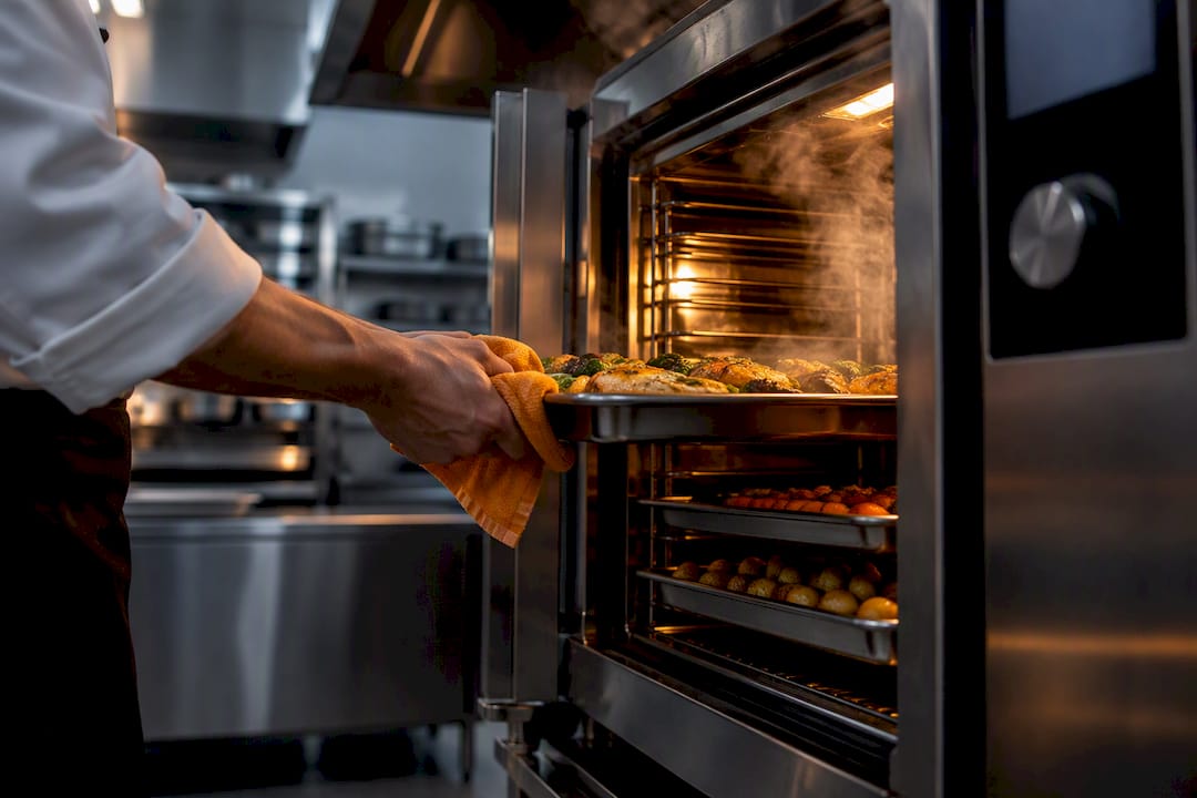 Commercial oven cavity releasing steam during service