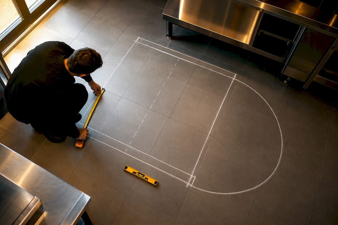 Chalked oven footprint on kitchen floor