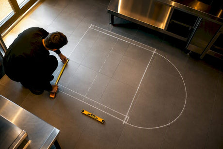 Chalked oven footprint on kitchen floor