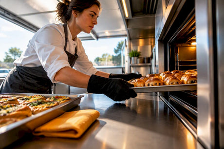 Operator loading food into a mobile kitchen oven