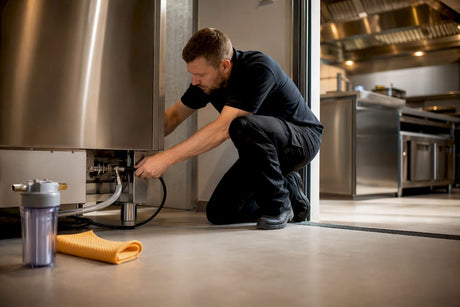 Technician checking oven water connection