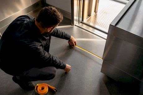 Installer measuring commercial kitchen equipment clearance