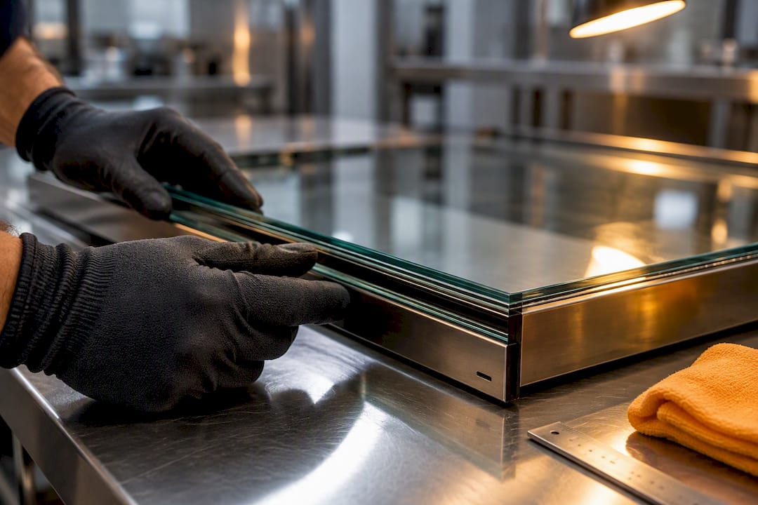 Technician inspecting layered oven door glass