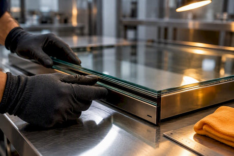 Technician inspecting layered oven door glass