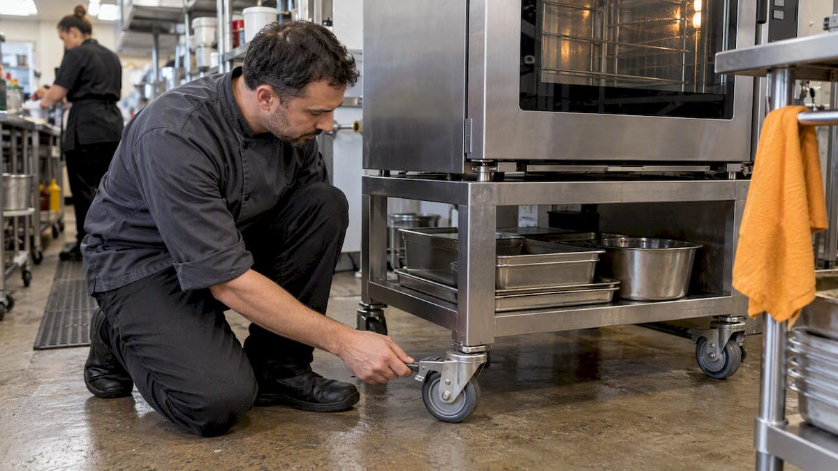 Chef checking commercial oven caster stand