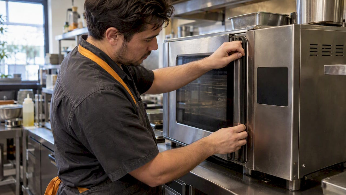 Operator inspecting commercial speed oven seal