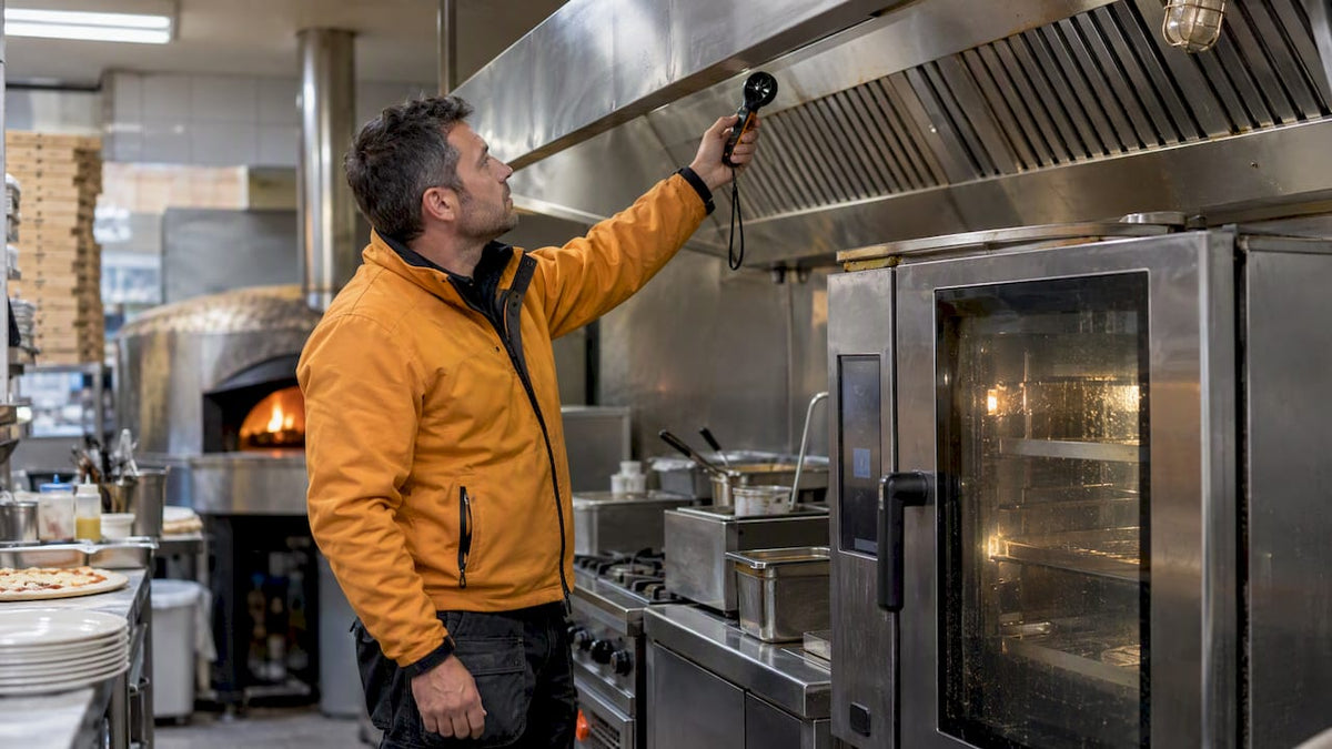 Technician checking pizzeria extraction airflow