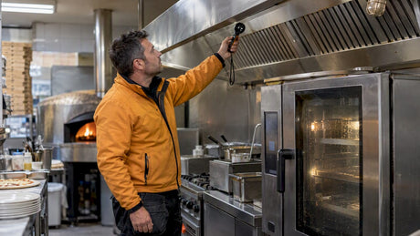 Technician checking pizzeria extraction airflow