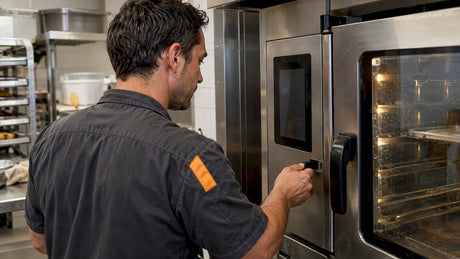 Technician inserting USB into commercial oven