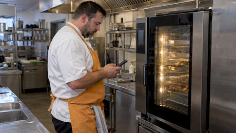Kitchen manager checks Unox DDC beside oven