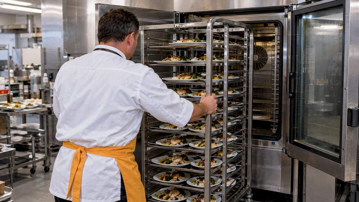Combi oven beside a rack of plated meals