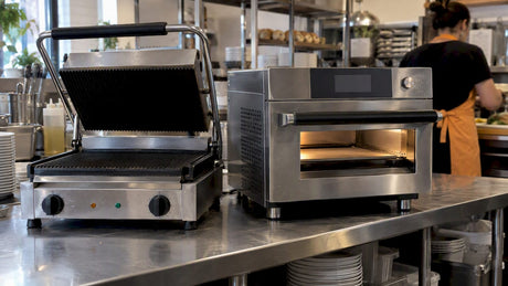 Panini grill and speed oven in café kitchen